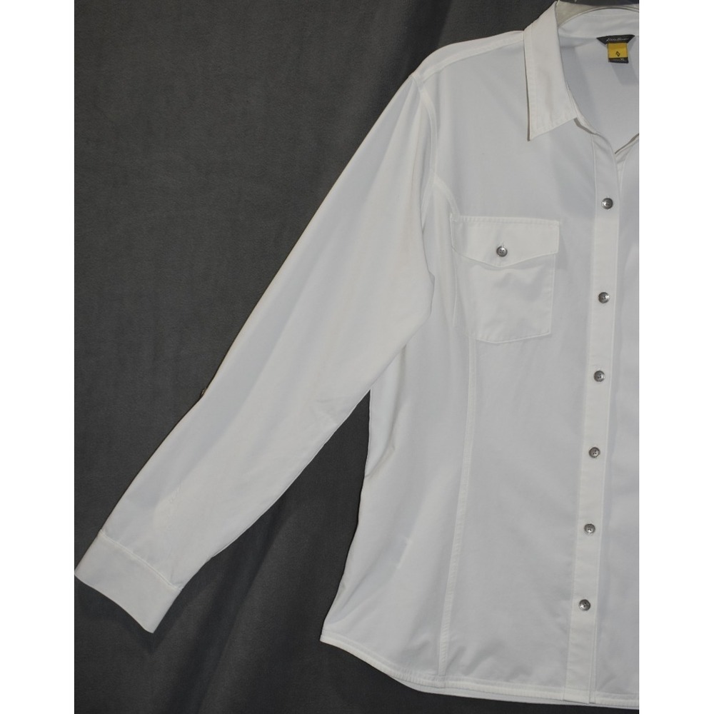 Eddie Bauer XL Women Departure Shirt Ivory Roll Tab Sleeve Button Up Stretch - Picture 15 of 16